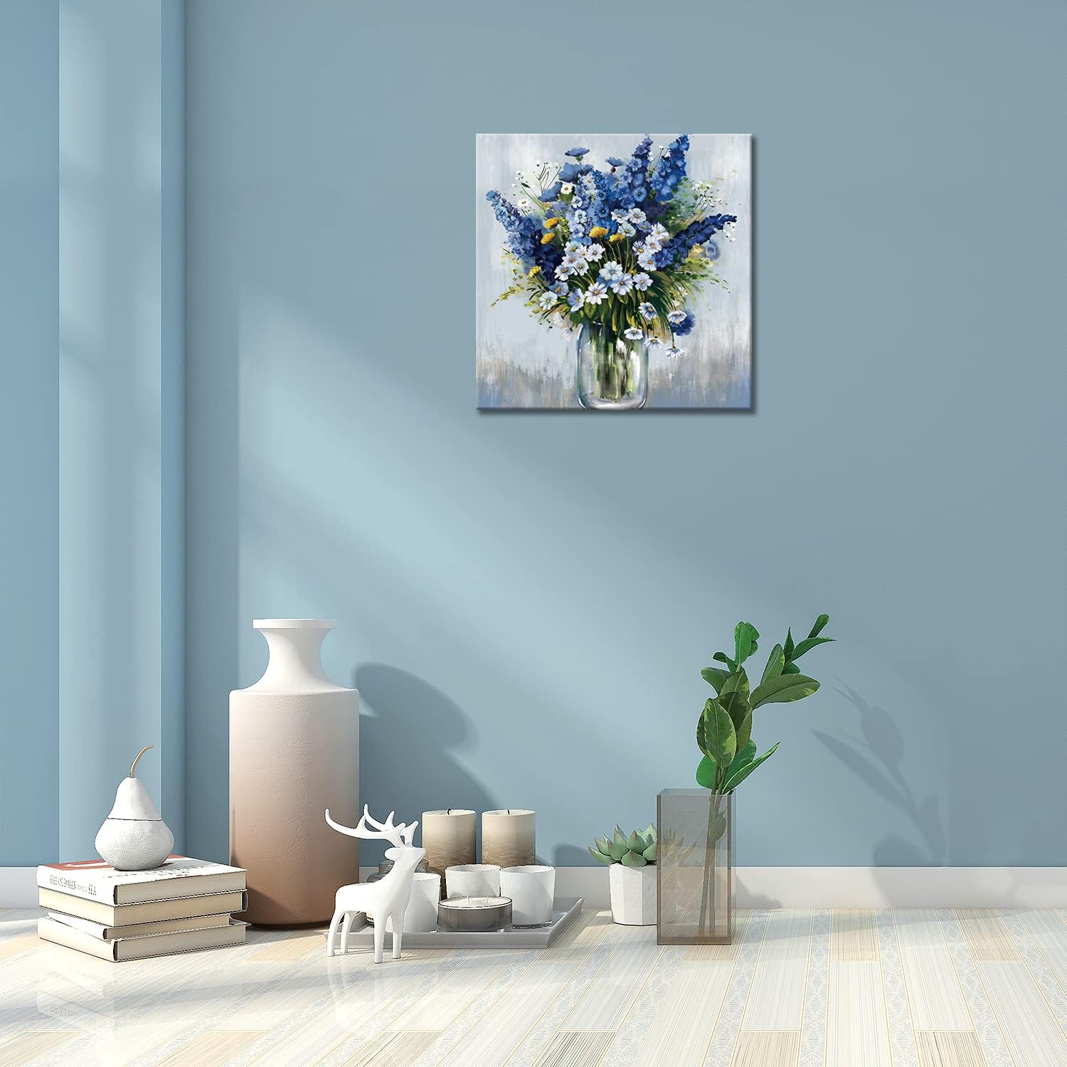 Blue and White Flower Wall Art, Bathroom Floral in vase Canvas Print Nature Scenery Wall Art for Living Room Bedroom Wall Painting Decoration Modern Artwork